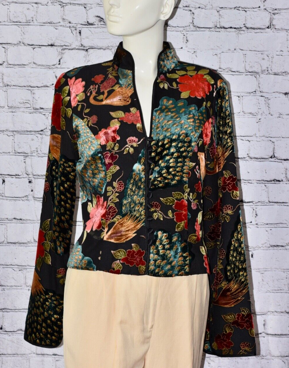 JS Collections Velvet Burnout Peacock Floral Asian Brocade Jacket Size 8